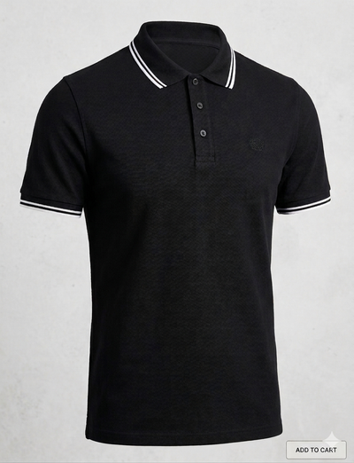 Black polo shirt with white trim on a light gray background