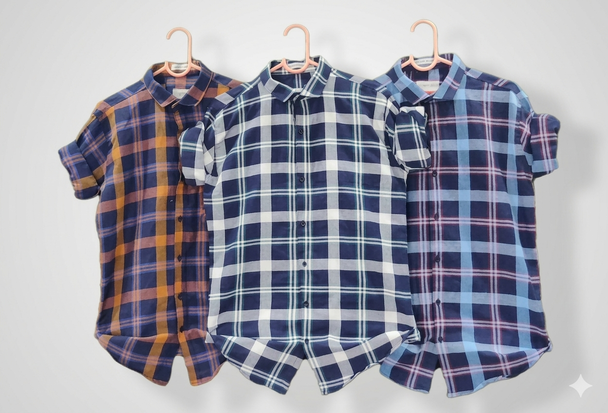3 checered shirts with hangers on a white background