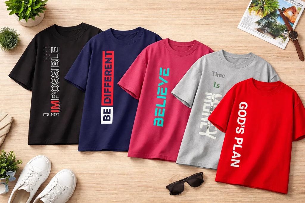 Five t-shirts with motivational phrases on a wooden surface with shoes and sunglasses.