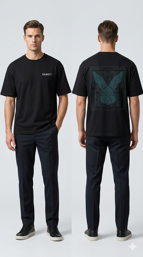 Person wearing a black t-shirt with a brand logo on the front and a geometric design on the back, standing against a white background.