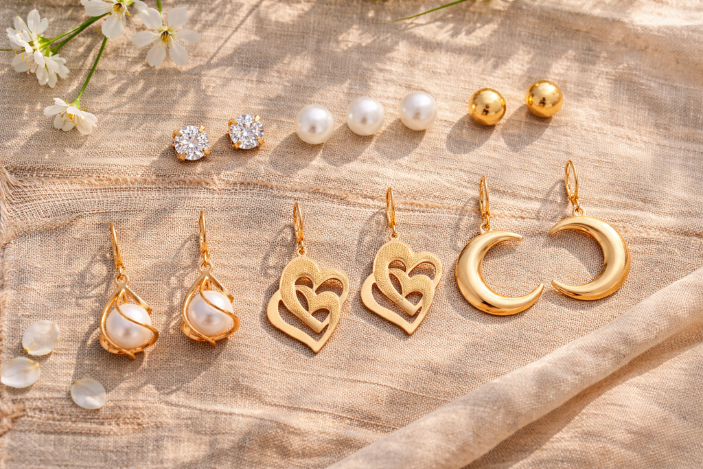 Gold earrings on a wooden surface with white flowers