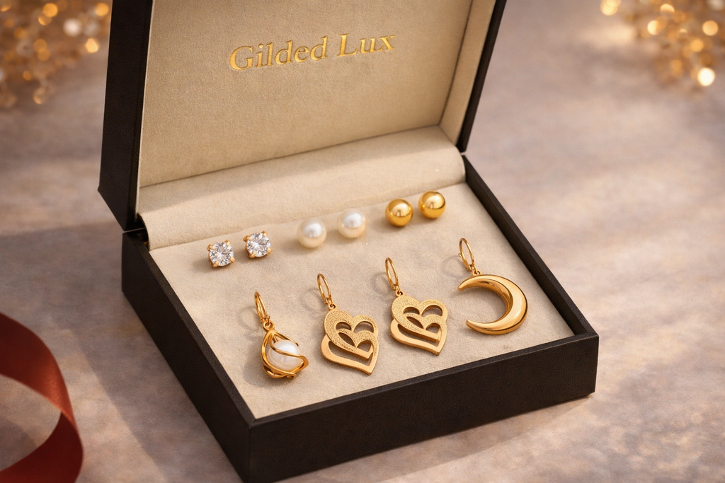 Gold jewelry set including earrings and necklaces in a box.