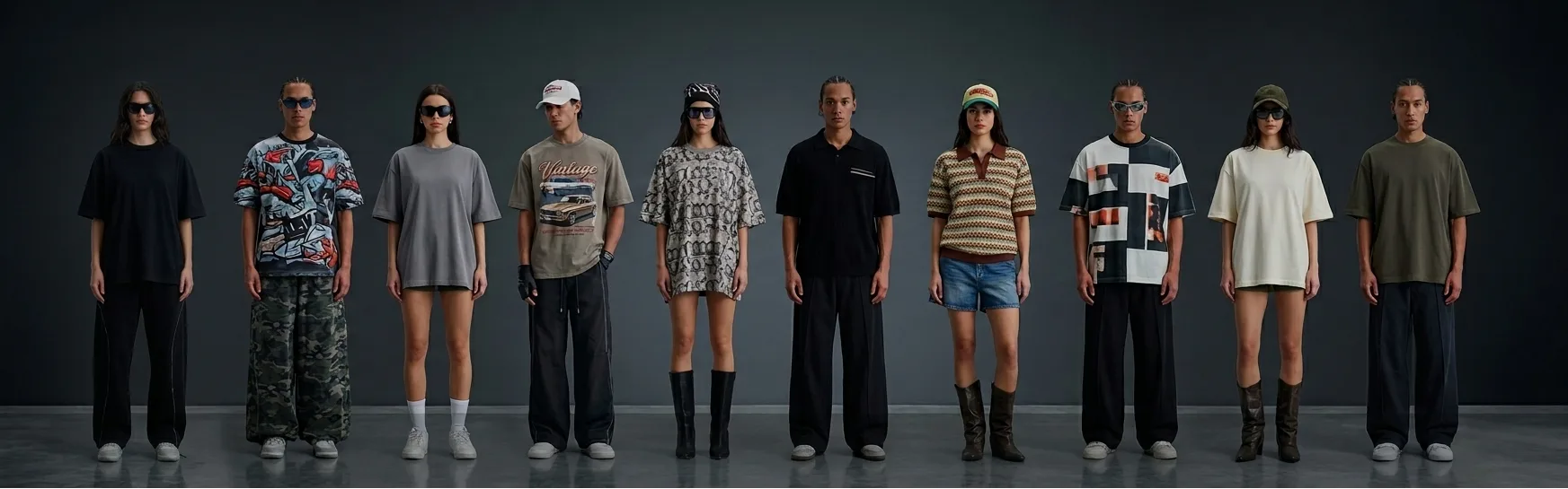 Row of people wearing various outfits against a dark background