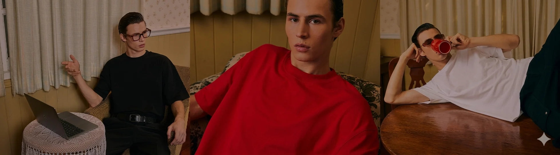 Three people sitting on a couch with one person in a red shirt, another in black, and the third in white.