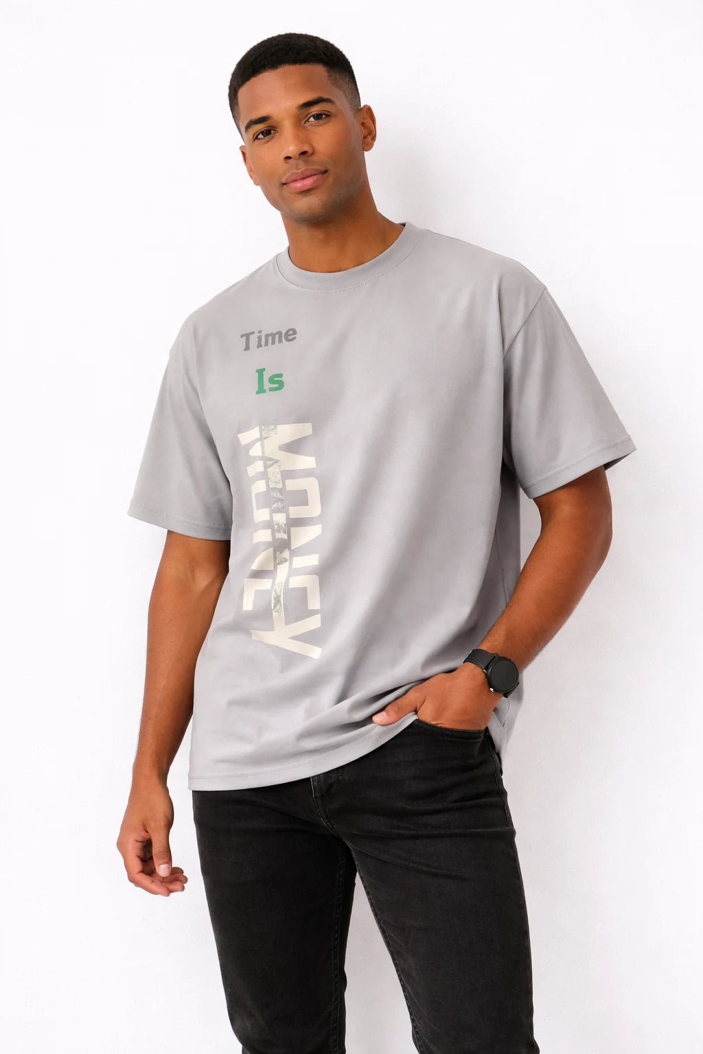 Man wearing a gray t-shirt with text on a white background