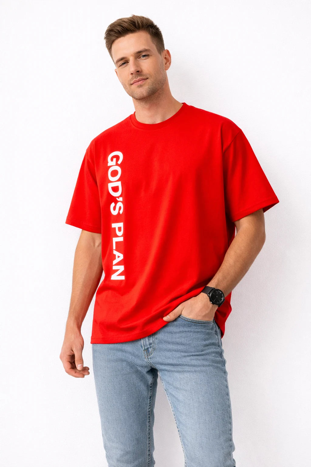 Man wearing a red t-shirt with 'GOD'S PLAN' text on a white background