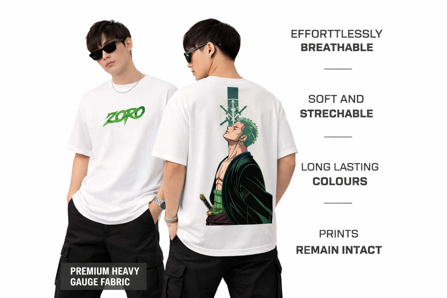Two people wearing white t-shirts with anime character prints, surrounded by text about shirt features.