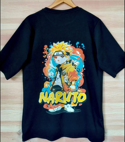 Black Dropshoulder t-shirt with Naruto graphic design on a wooden surface from HipHaven 