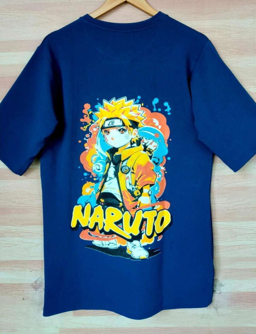 Blue Dropshoulder t-shirt with Naruto graphic design on a wooden surface from HipHaven 