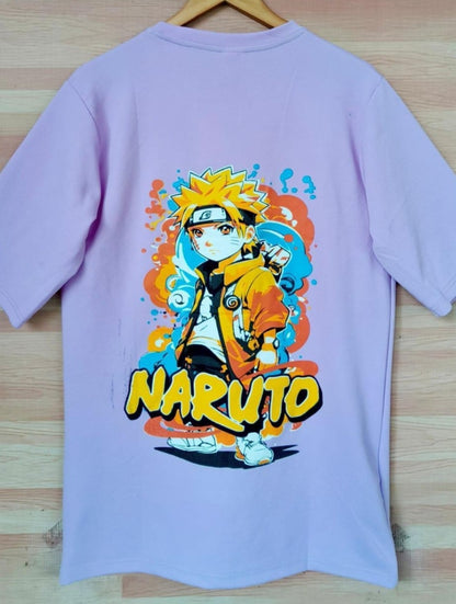 Light purple Dropshoulder t-shirt with Naruto graphic design on a wooden surface from HipHaven 