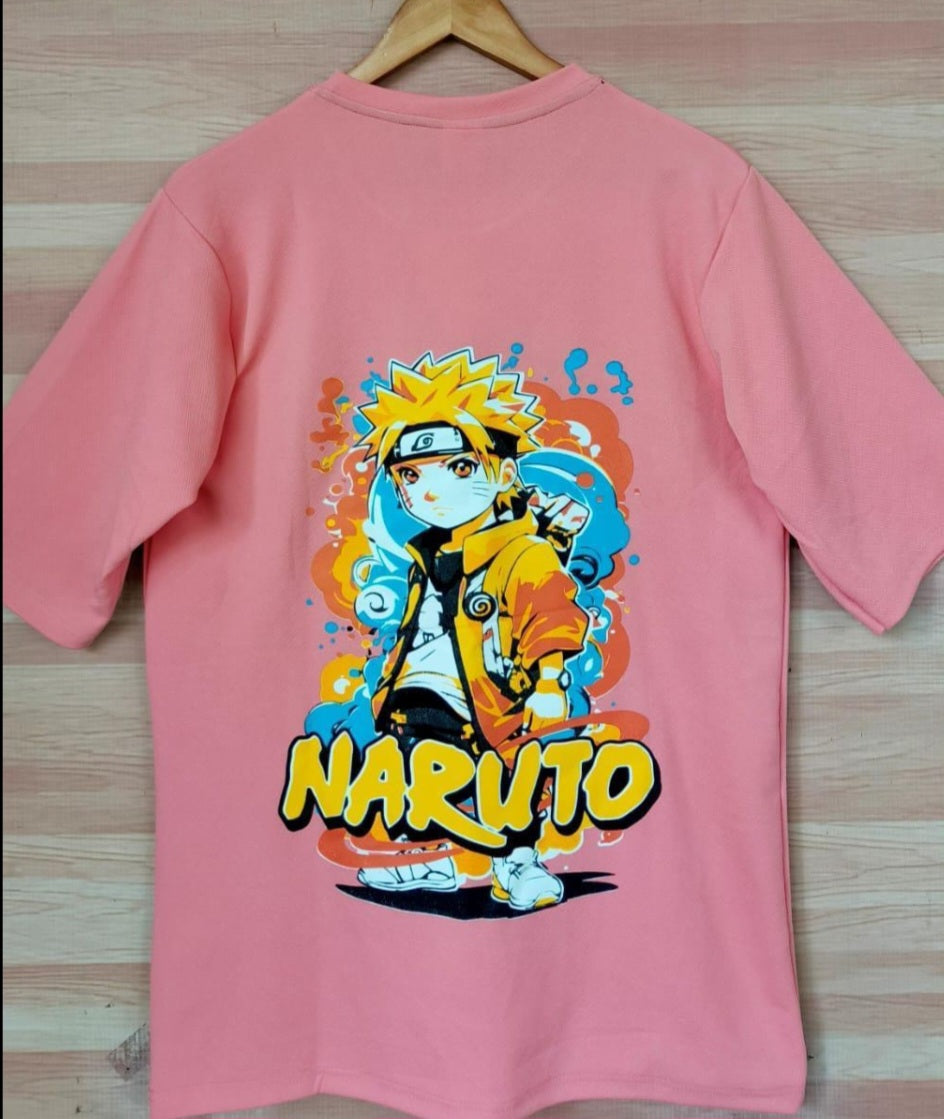 Pink Dropshoulder t-shirt with Naruto graphic design on a wooden surface from HipHaven 