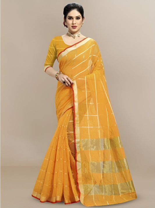 Kota Pure Cotton Saree Mustard Gold Woven Border Zari Work with Blouse Piece