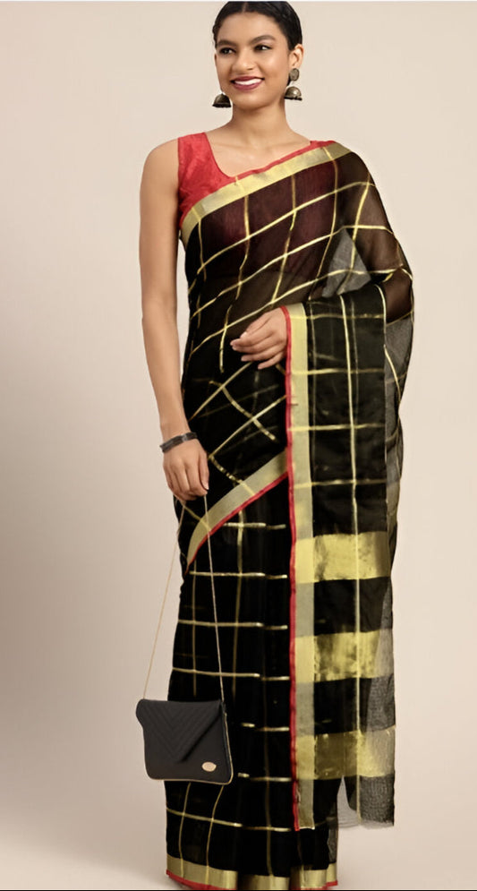 Kota Cotton Blend Saree Black Gold Woven Border Zari Work with Blouse Piece