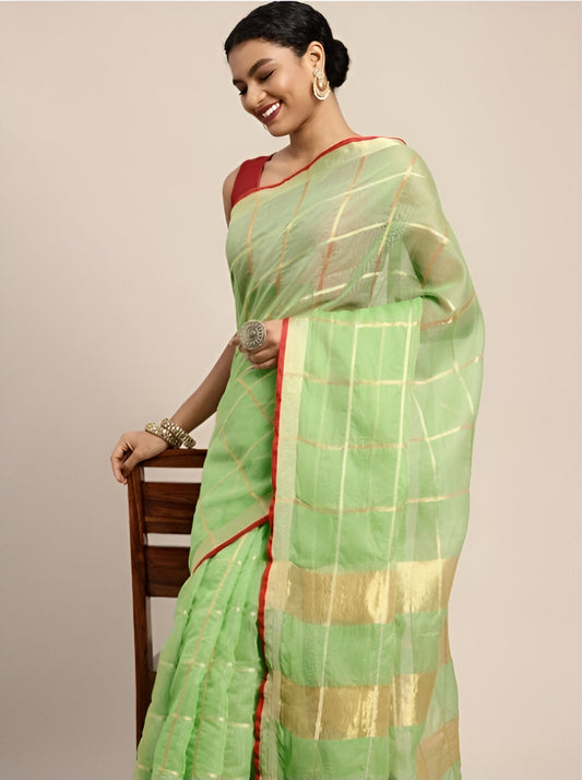 Kota Cotton Blend Saree Green Gold Woven Border Zari Work with Blouse Piece
