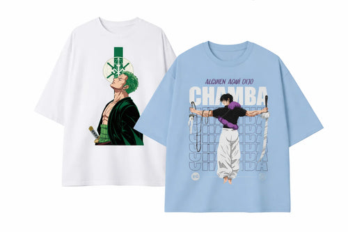 Two t-shirts featuring anime character designs on a white background