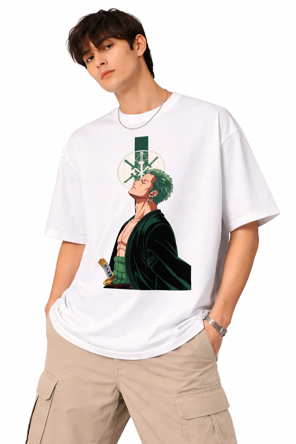Person wearing a white t-shirt with a graphic design on a white background