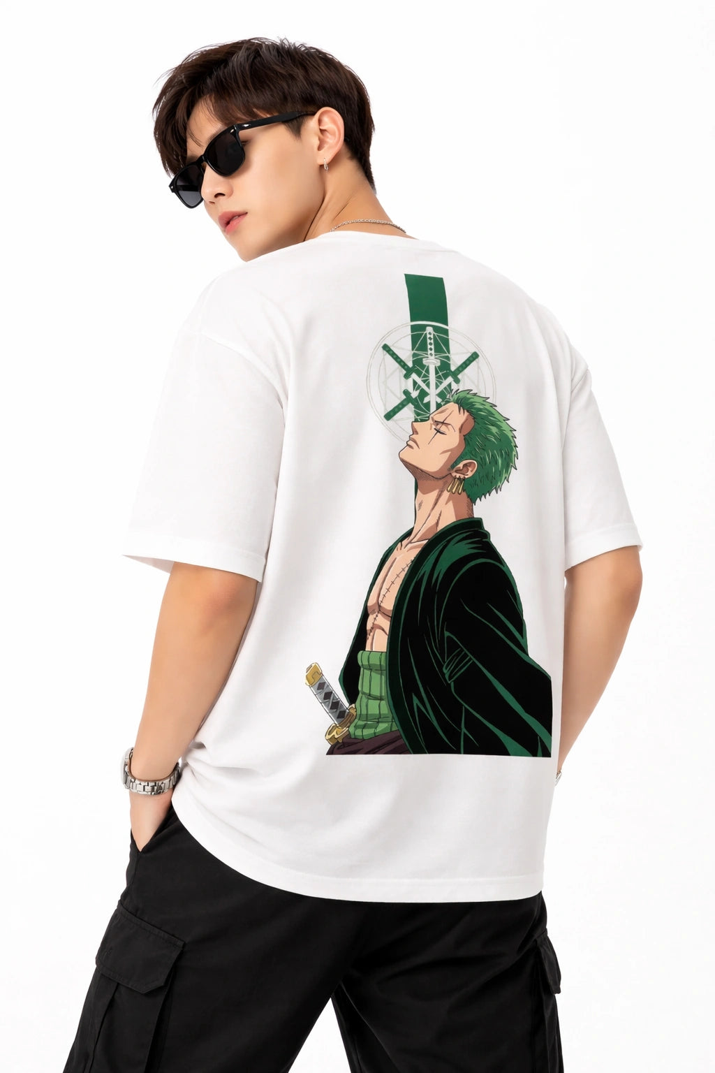 Person wearing a white t-shirt with an anime character design on the back.