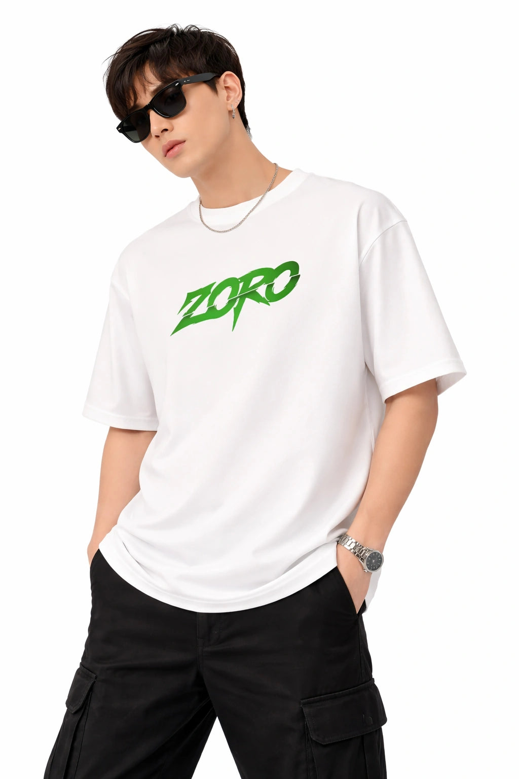 Person wearing a white t-shirt with 'ZORO' logo and black pants on a white background