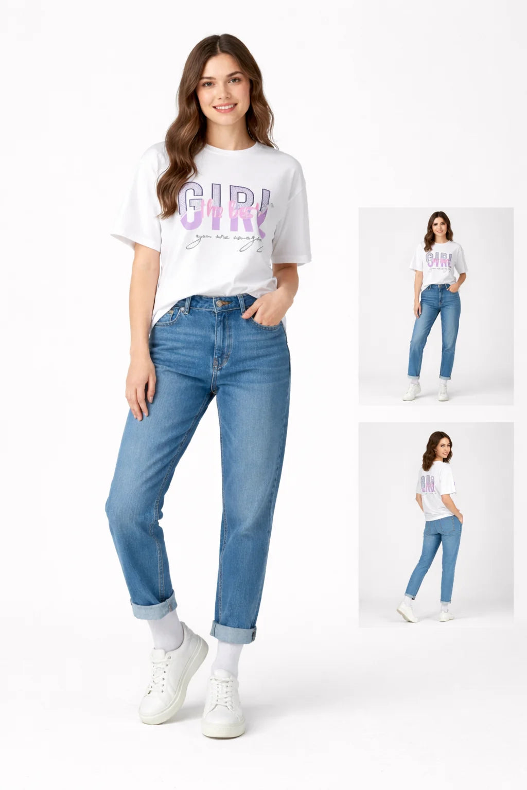 Woman wearing a white t-shirt with 'GIRL' text and blue jeans, standing against a white background.