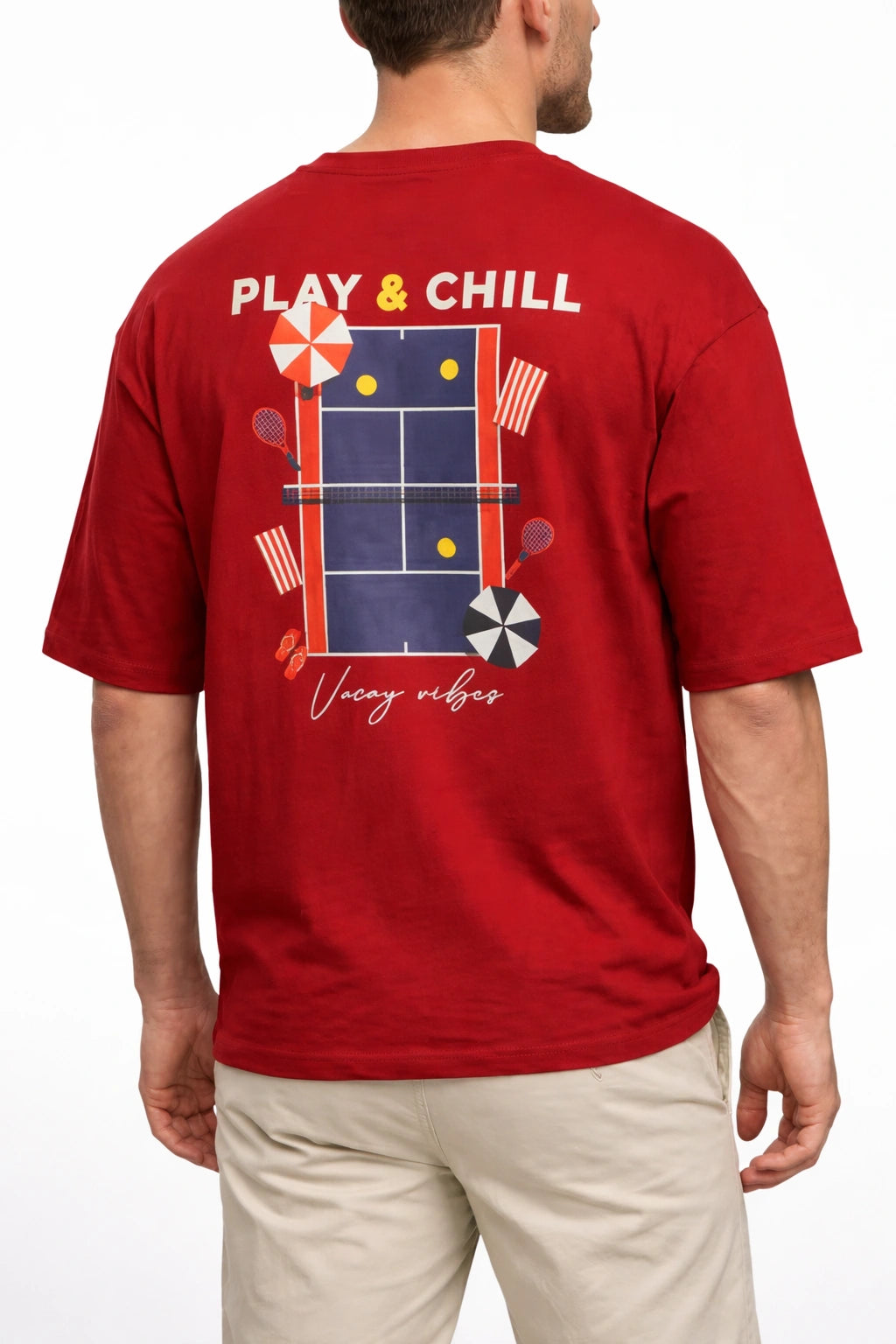 Red t-shirt with 'Play & Chill' text and tennis court design on a white background