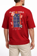 Red t-shirt with 'Play & Chill' text and tennis court design on a white background