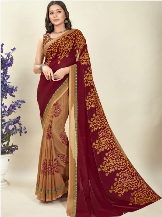 Printed Poly Georgette Saree - Brown Beige Yellow | Designer Collection