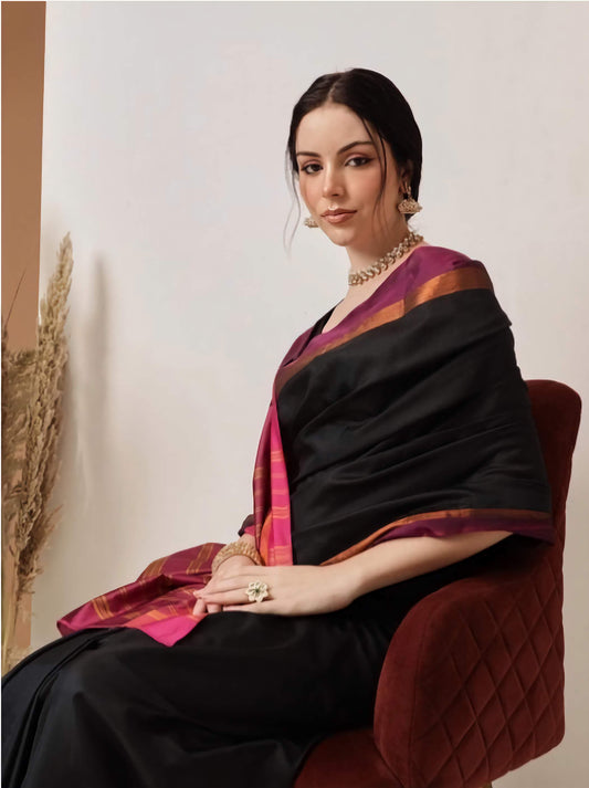 Zari Detailed Uppada Saree Art Silk Black Purple with Unstitched Blouse