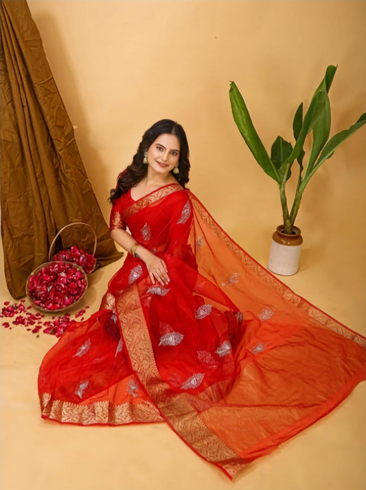 Kanjeevaram Pure Cotton Saree Red Gold Zari Embroidered Traditional South Indian Handwoven with Blouse