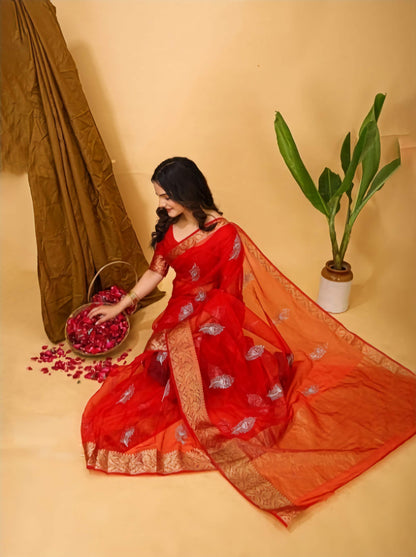 Kanjeevaram Pure Cotton Saree Red Gold Zari Embroidered Traditional South Indian Handwoven with Blouse