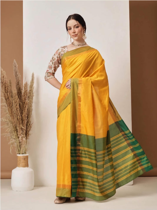 Uppada Patu Banarasi Saree Mustard Green with Unstitched Blouse - Heritage
