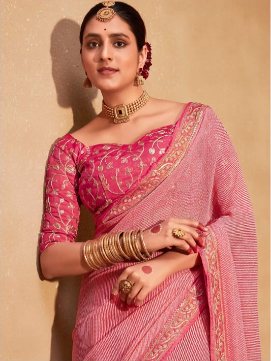 Pure Georgette Saree Pink White Striped Embroidery Border Leheriya with Blouse Piece