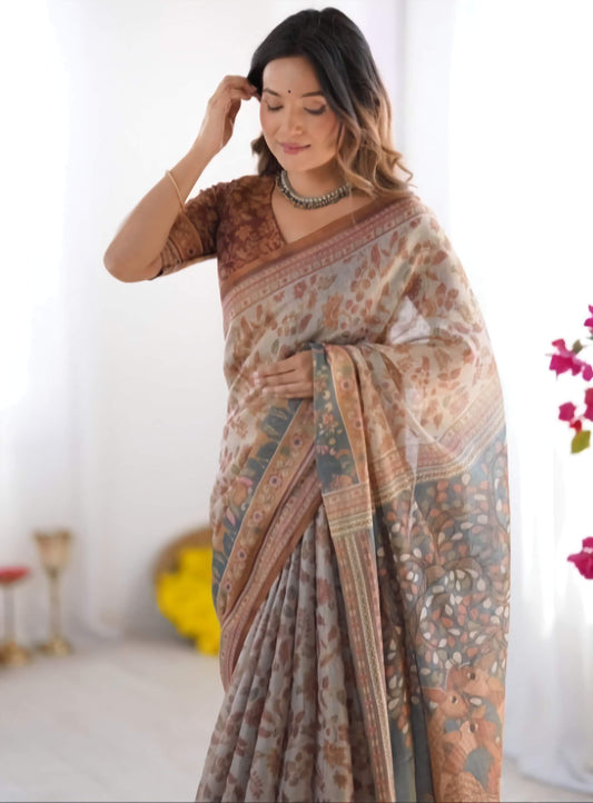 Kanjeevaram Pure Cotton Jamdani Saree Beige Maroon Zari Embroidered Traditional Handwoven with Blouse