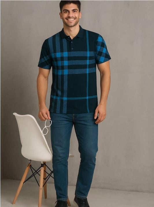 Men's Navy Blue Striped Polo Moisture Wicking T-Shirt Knitted Polyester