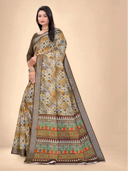 Kanjeevaram Pure Cotton Saree - Coffee Brown White Abstract Print with Zari Border