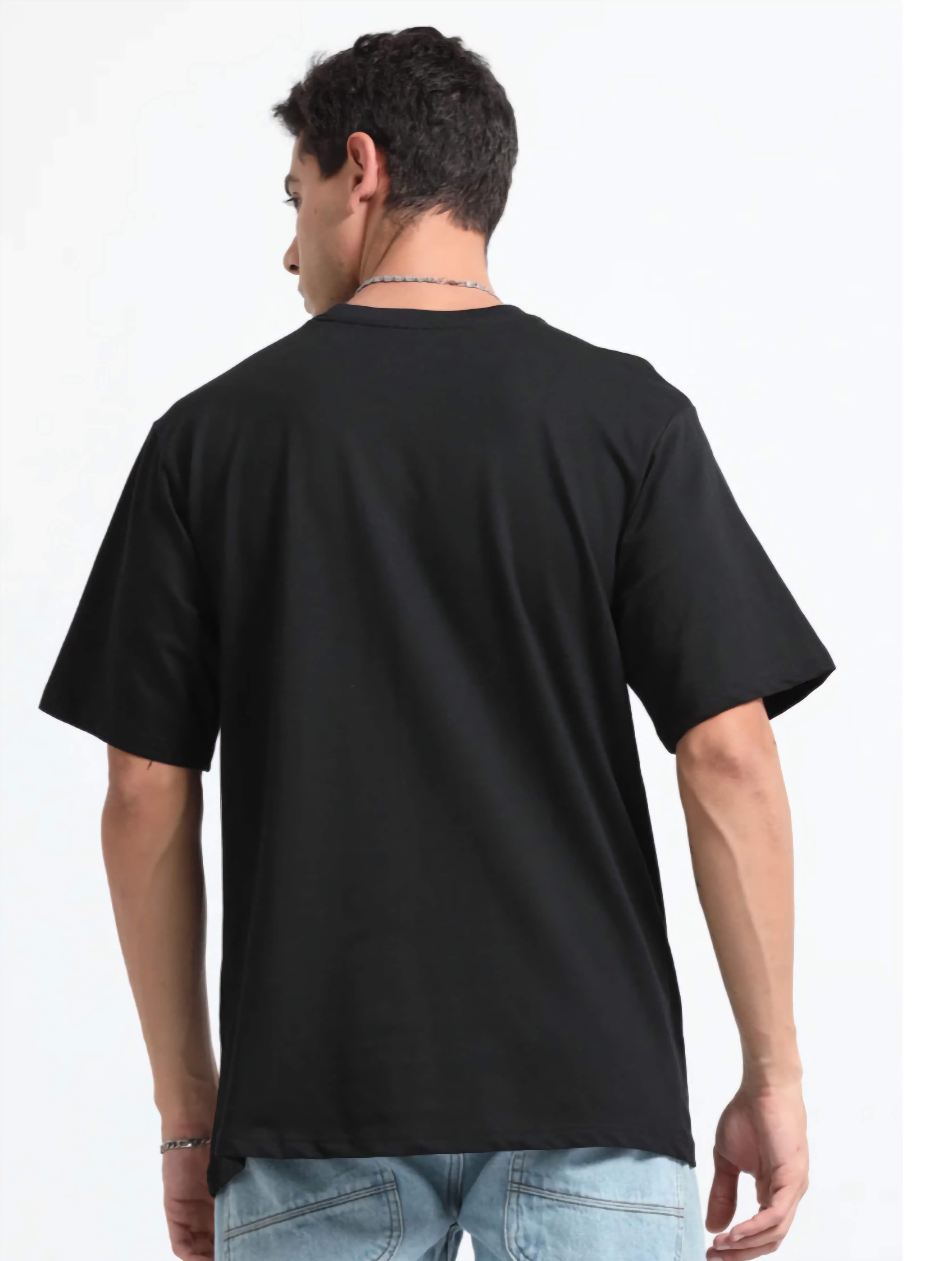Person wearing a black t-shirt on a white background