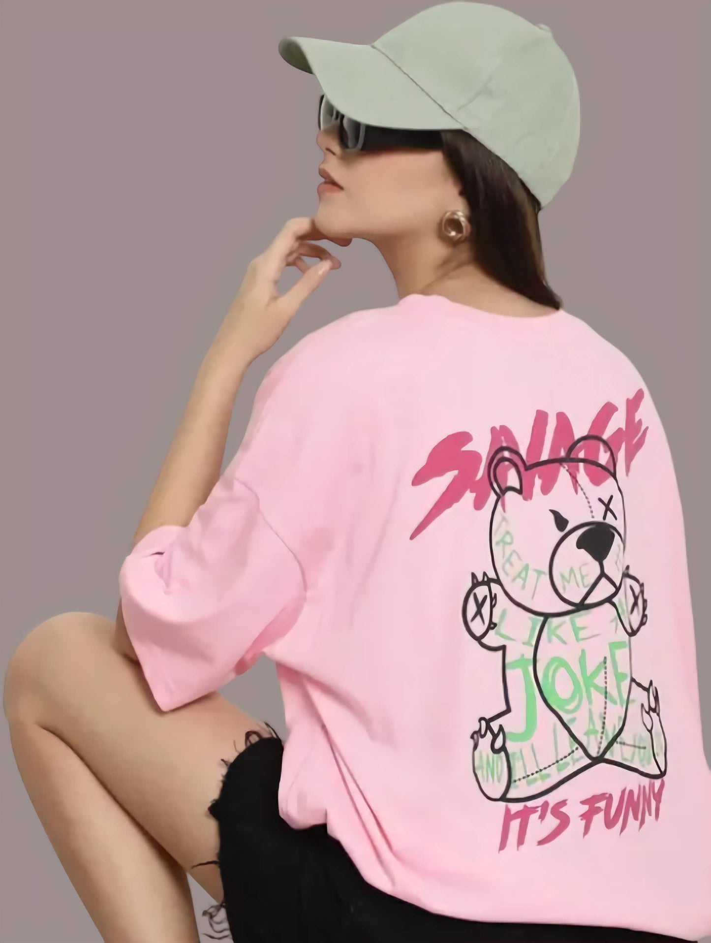 Pink Savage Graphic Printed Cotton Oversize tshirt for women
