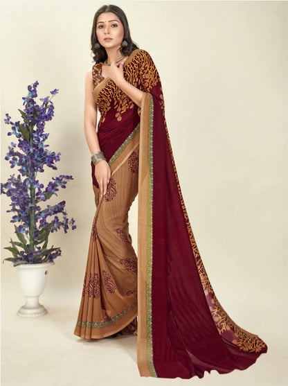 Printed Poly Georgette Saree - Brown Beige Yellow | Designer Collection