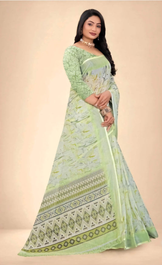 Kanjeevaram Pure Cotton Saree - Lime Green Silver Abstract Print with Zari Border