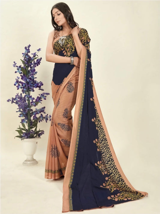 Printed Poly Georgette Saree Blue Peach Yellow with Unstitched Blouse