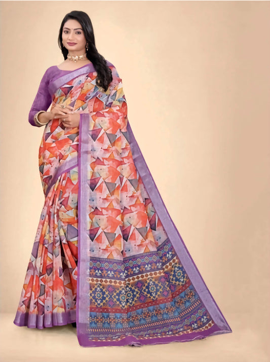 Kanjeevaram Pure Cotton Saree - Purple Silver Abstract Print with Zari Border & Blouse Piece
