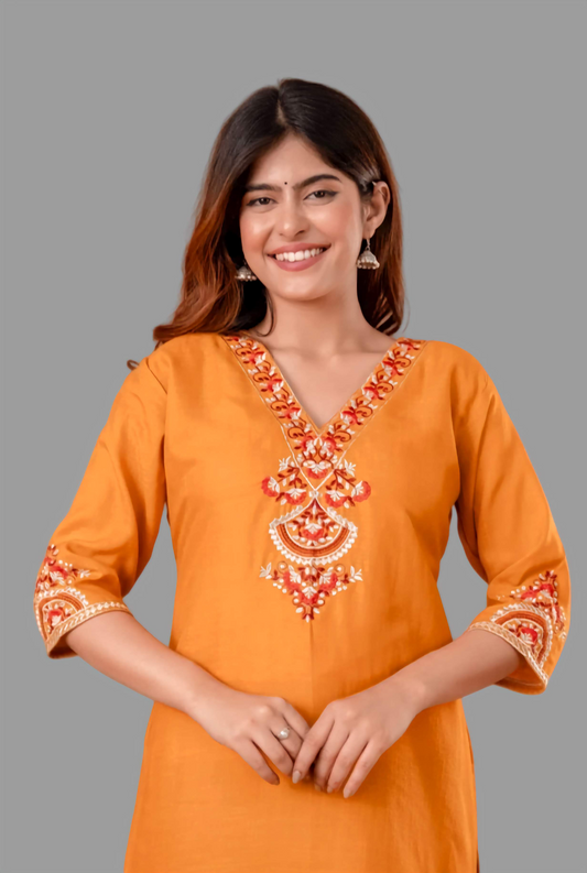 Mustard Cotton Short Kurta - Yellow with Red Floral Embroidery