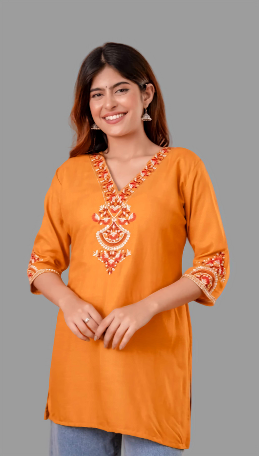 Mustard Cotton Short Kurta - Yellow with Red Floral Embroidery