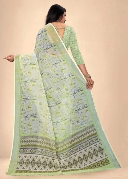 Kanjeevaram Pure Cotton Saree - Lime Green Silver Abstract Print with Zari Border