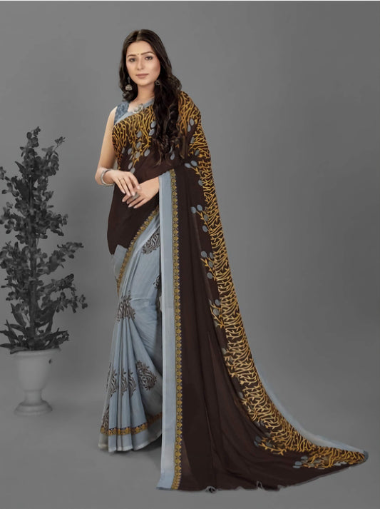 Printed Poly Georgette Saree Brown Grey - Elegant Designer Collection