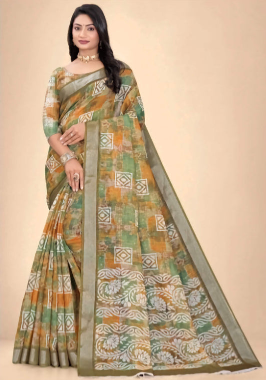 Kanjeevaram Pure Cotton Saree - Green Orange Abstract Print with Zari Border & Blouse Piece