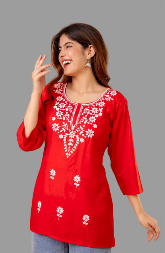 Red Blossom Embroidery Top