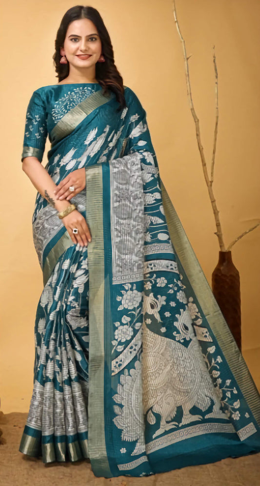 Kanjeevaram Pure Cotton Kalamkari Saree Teal White Printed Zari Woven Border Traditional Handwoven with Blouse