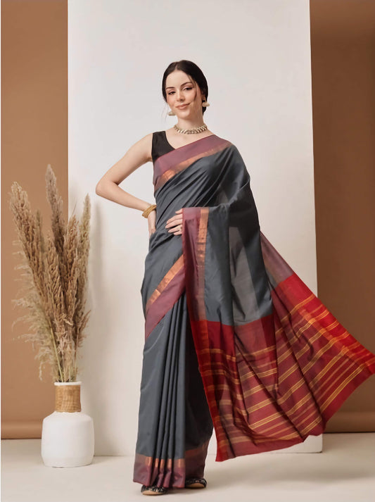 Zari Banarasi Saree Art Silk Grey Red with Unstitched Blouse - Traditional