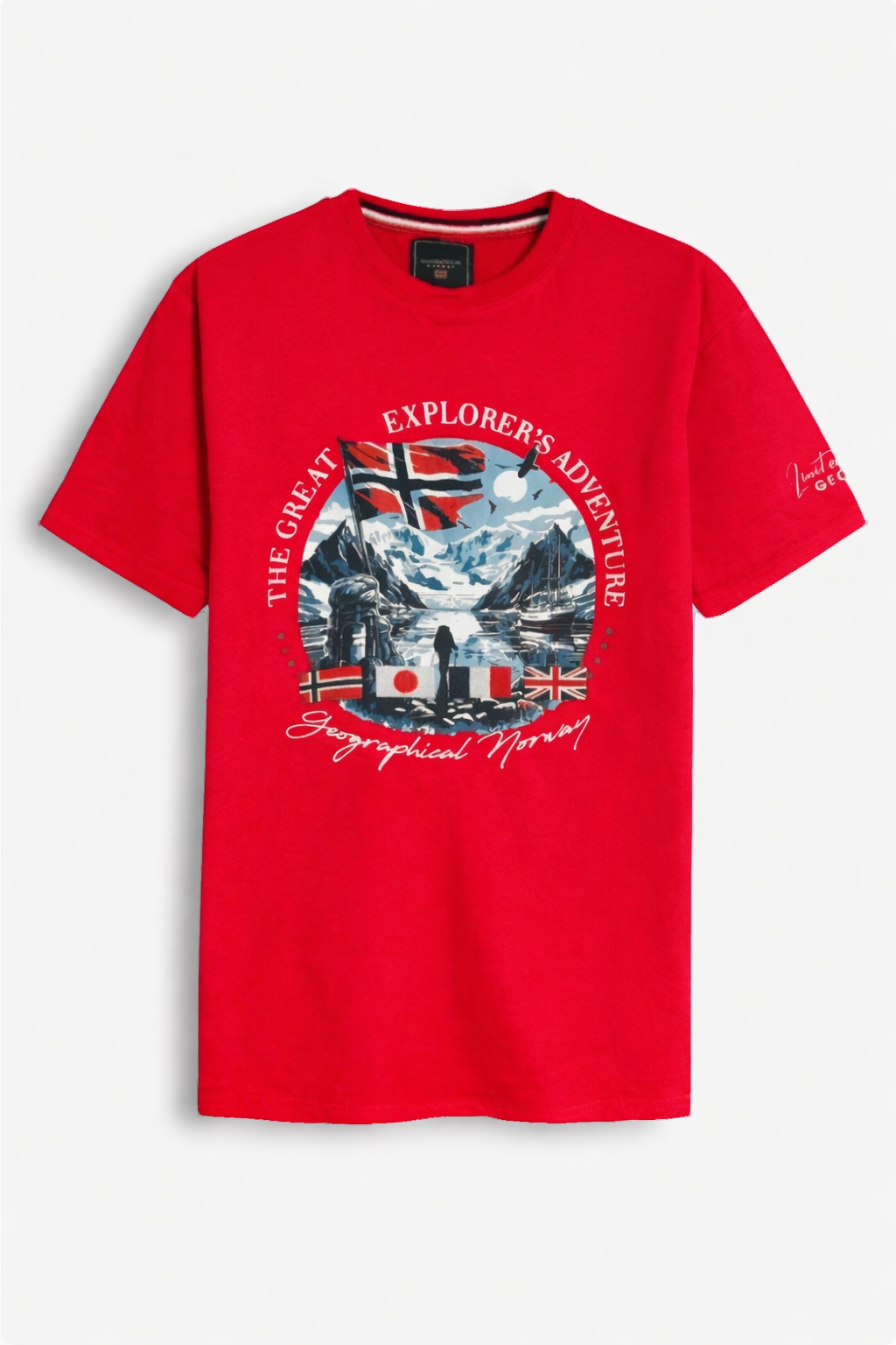 Red t-shirt with mountain graphic and text on a white background