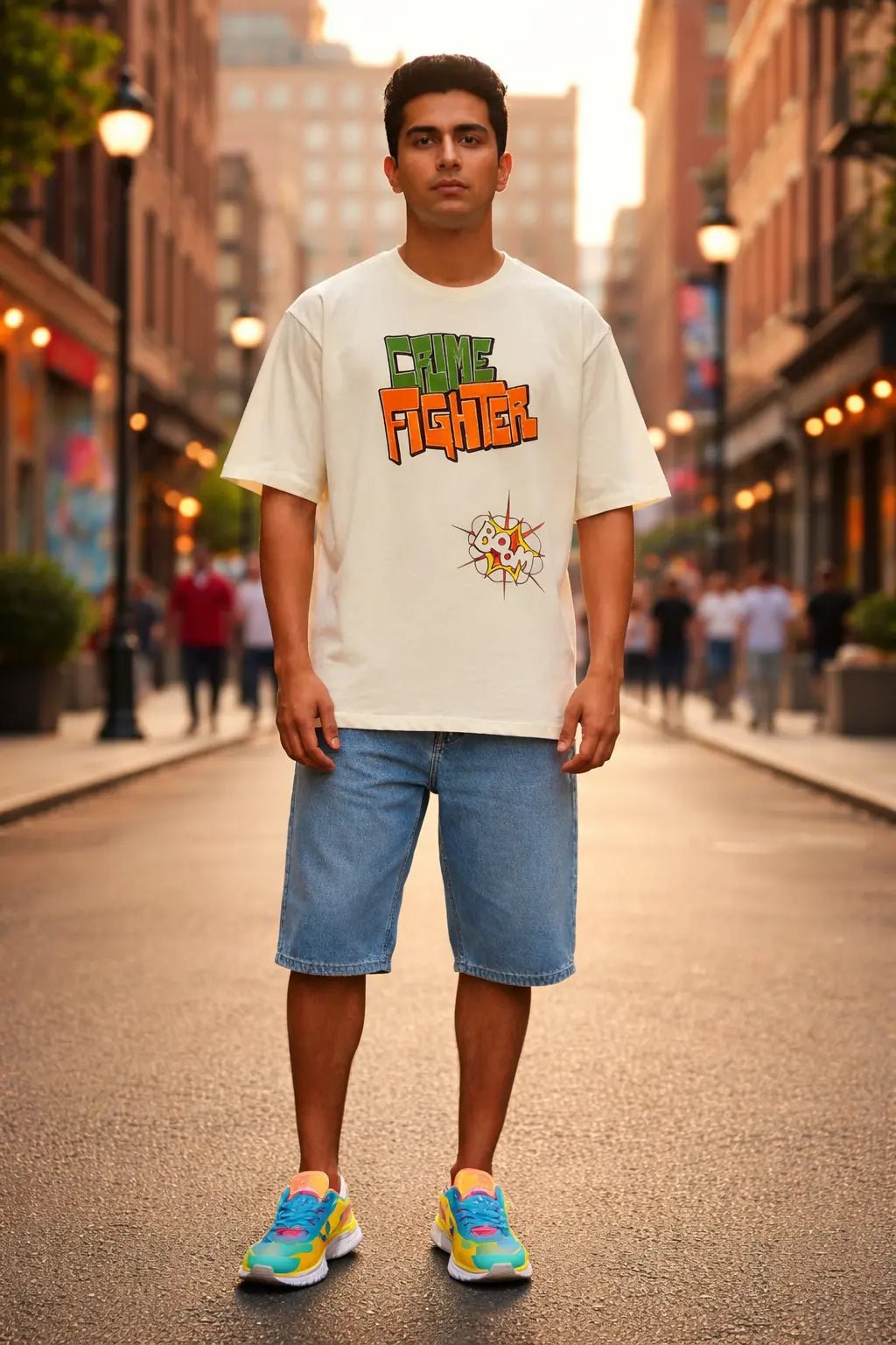 Person wearing a graphic t-shirt on a city street